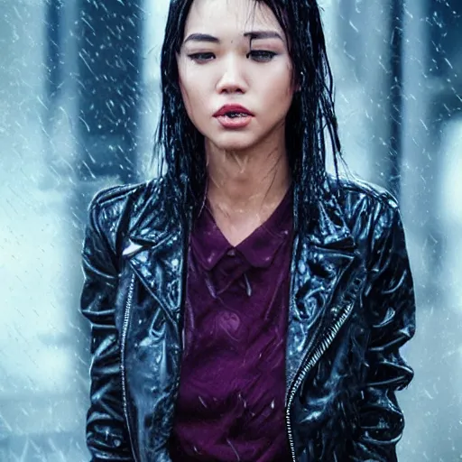 Image similar to photo of a gorgeous wet asian female with long dark purple hair in the style of stefan kostic, realistic, cyberpunk, leather jacket, aviators, mask, nighttime, rain storm, body shot, sharp focus, 8 k high definition, insanely detailed, intricate, elegant, art by stanley lau and artgerm, floating embers