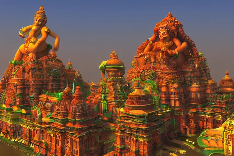 Image similar to high quality 3 d dreamscape! mumbai with biomorphic hanuman!! head building, kalighat highly detailed, unreal engine cinematic smooth, stephen shore & john j. park, soft morning light, wide shot, high angle, uhd 8 k, deep focus