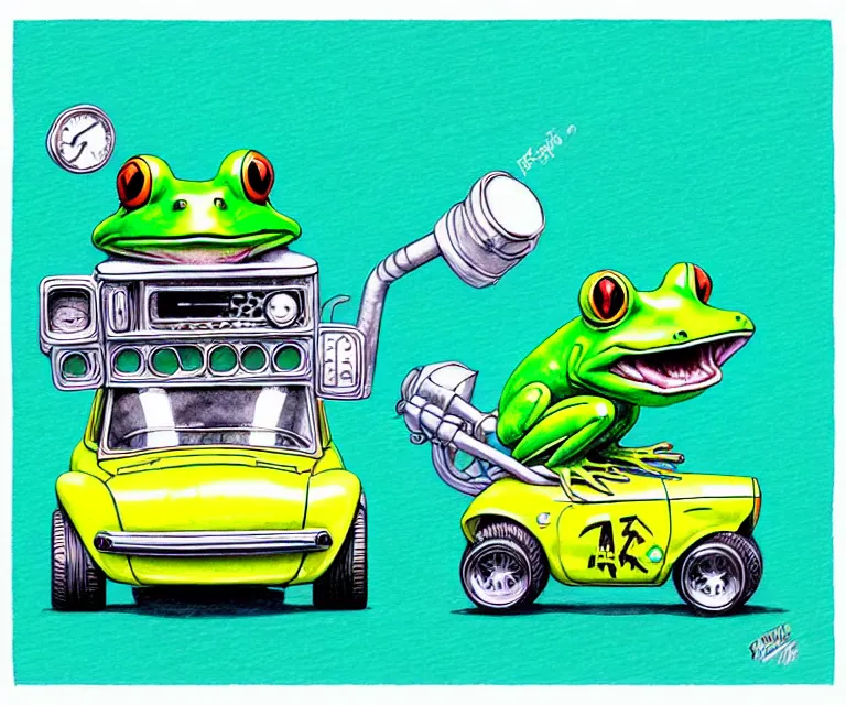 Image similar to cute and funny, frog wearing a helmet riding in a tiny hot rod with exhaust pipes, ratfink style by ed roth, centered award winning watercolor pen illustration, isometric illustration by chihiro iwasaki, edited by range murata, tiny details by artgerm and watercolor girl, symmetrically isometrically centered, focused