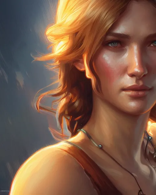 Prompt: Chloe (Uncharted), closeup, D&D, fantasy, intricate, elegant, highly detailed, digital painting, artstation, concept art, matte, sharp focus, illustration, hearthstone, art by Artgerm and Greg Rutkowski and Alphonse Mucha