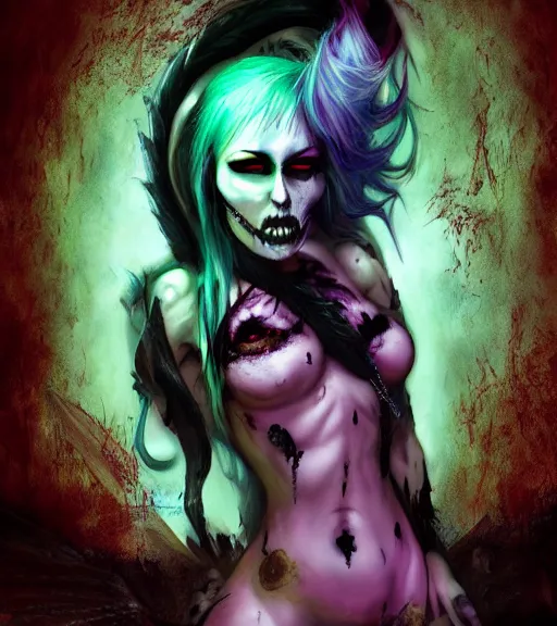 Image similar to Morrigan Aensland, cinematic flavor, rich decaying colors!, digital painting, skull liminal void background, a real picture taken by Daniel Dos Santos