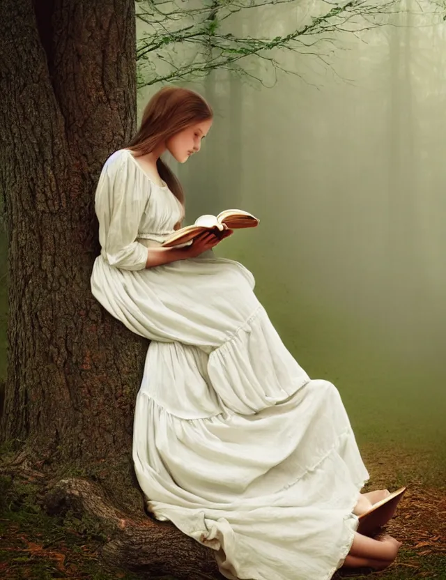 Image similar to beautiful peasant Girl in long white dress reading a book sitting on a tree in a foggy forest, Cinematic focus, Polaroid photo, vintage, neutral colors, soft lights, by Steve Hanks, by Serov Valentin, by lisa yuskavage, by Andrei Tarkovsky 8k render, detailed, oil on canvas