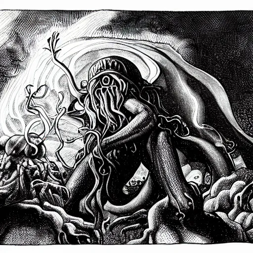 Prompt: cinematic scene of Cthulhu the cosmic god enveloping the fearful people, lovecraft