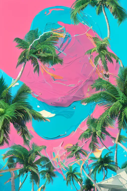 Prompt: epic 3 d abstract 🇵🇷 desktop hacker, spinning hands and feet, 2 0 mm, plum and teal peanut butter melting smoothly into asymmetrical coconut palm trees and mangroves, thick wires, pink highlights, liquid cooling, beautiful code, houdini sidefx, trending on artstation, by jeremy mann, ilya kuvshinov, jamie hewlett and ayami kojima