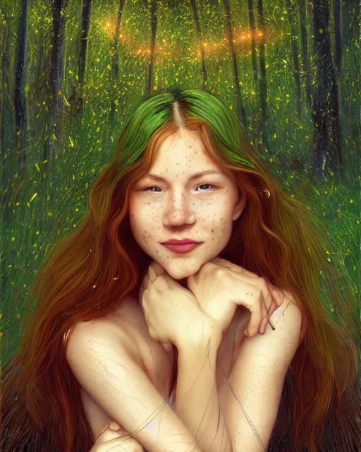 Image similar to shy young woman, smiling, amazed by the lights of golden fireflies, sitting in the midst of nature fully covered, long loose red hair, intricate linework, dreamy green eyes, small nose with freckles, oval shape face, realistic, expressive emotions, dramatic lights, spiritual scene, hyper realistic ultrafine digital art by james jean and albert bierstadt and artgerm