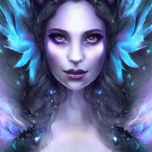 Prompt: detailed portrait of a dark fairy queen, crown, nebula wings, smiling, realism, pale blue, emerald, galaxy, sapphire,dark purple crown,leaves, moonlit, dark fantasy, dramatic lighting, cgsociety, artstation