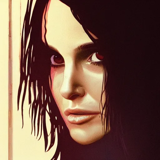 Image similar to closeup portrait of natalie portman from the movie leon the professional, hair in a blunt bob, hitman, city background, dramatic light, gorgeous view, depth, high detail, digital art, painted by greg rutkowski and seb mckinnon, by tim burton, trending on artstation