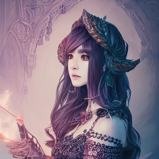 Image similar to the portrait of a dark and beautiful sorceress, fantasy type modern crop top, gorgeous, young girl, ultra fine hyperdetailed illustration by kim jung ji, intricate linework, bright colours, octopath traveler, final fantasy, unreal engine 5 highly rendered, detailed, 8 k