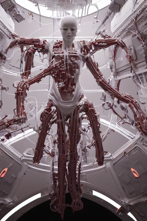 Prompt: space station interior white cross cross inflateble shapes, wires, tubes, veins, jellyfish, white biomechanical details a statue jesus on cross made of red marble hands nailed to a cross perfect symmetrical body full body shot, wearing epic bionic cyborg implants masterpiece, intricate, biopunk, vogue, highly detailed, artstation, concept art, cyberpunk, octane render