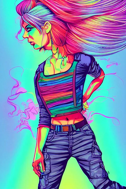 Image similar to a award winning half body portrait of a beautiful woman with stunning eyes in a printed croptop and cargo pants with rainbow colored ombre hairstyle head in motion and hair flying by josan gonzales, outrun, vaporware, shaded flat illustration, digital art, trending on artstation, highly detailed, fine detail, intricate