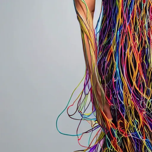 Prompt: woman in a long, flowing dress made of multi-colored wires and cables