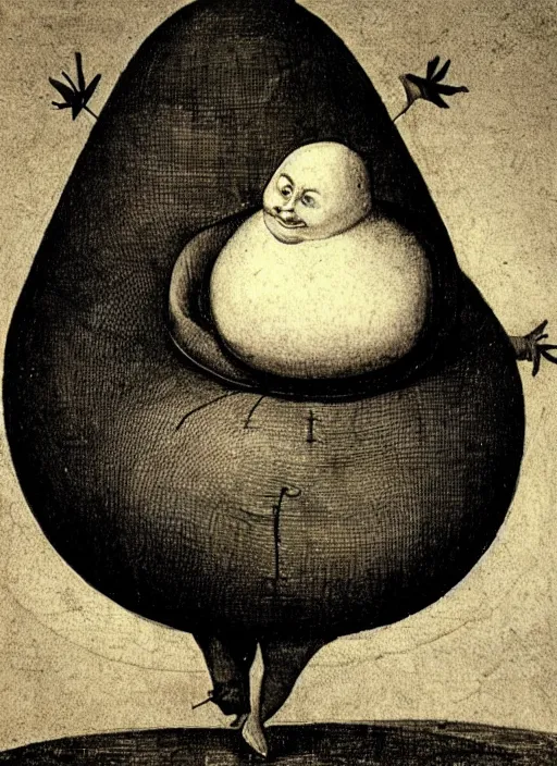 Prompt: 1 8 0 0 s style full body detailed photograph of silly fat and round humpty dumpty with jack black facial expression, realistic, hieronymus bosch