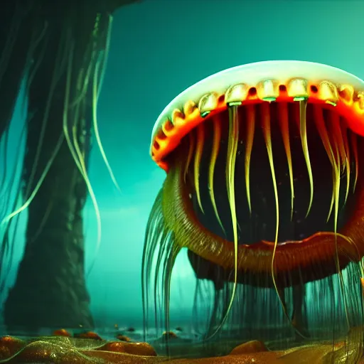 Image similar to a beautiful extreme wide photograph of a horrifying jellyfish monster with huge glowing eyes and sharp fangs in a wide open mouth, highly detailed, smooth, very very clean, 8 k, cinematic movie photograph, cinematic lighting, octane render, zbrush central contest winner, 3 d maya render