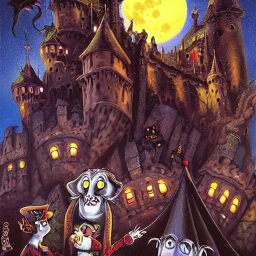 Prompt: dracula and castle full moon by Greg Craola Simkins , masterpiece