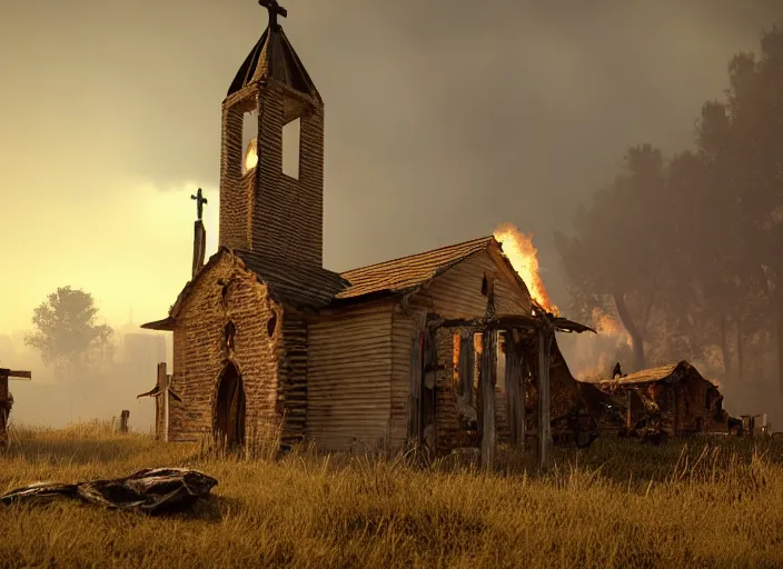 Image similar to a church is violently burning in the ruins of a native american village, burnt huts, bodies on the ground, jesus cross, horror, dramatic lighting, dawn, by caspar david friedrich, unreal engine 5