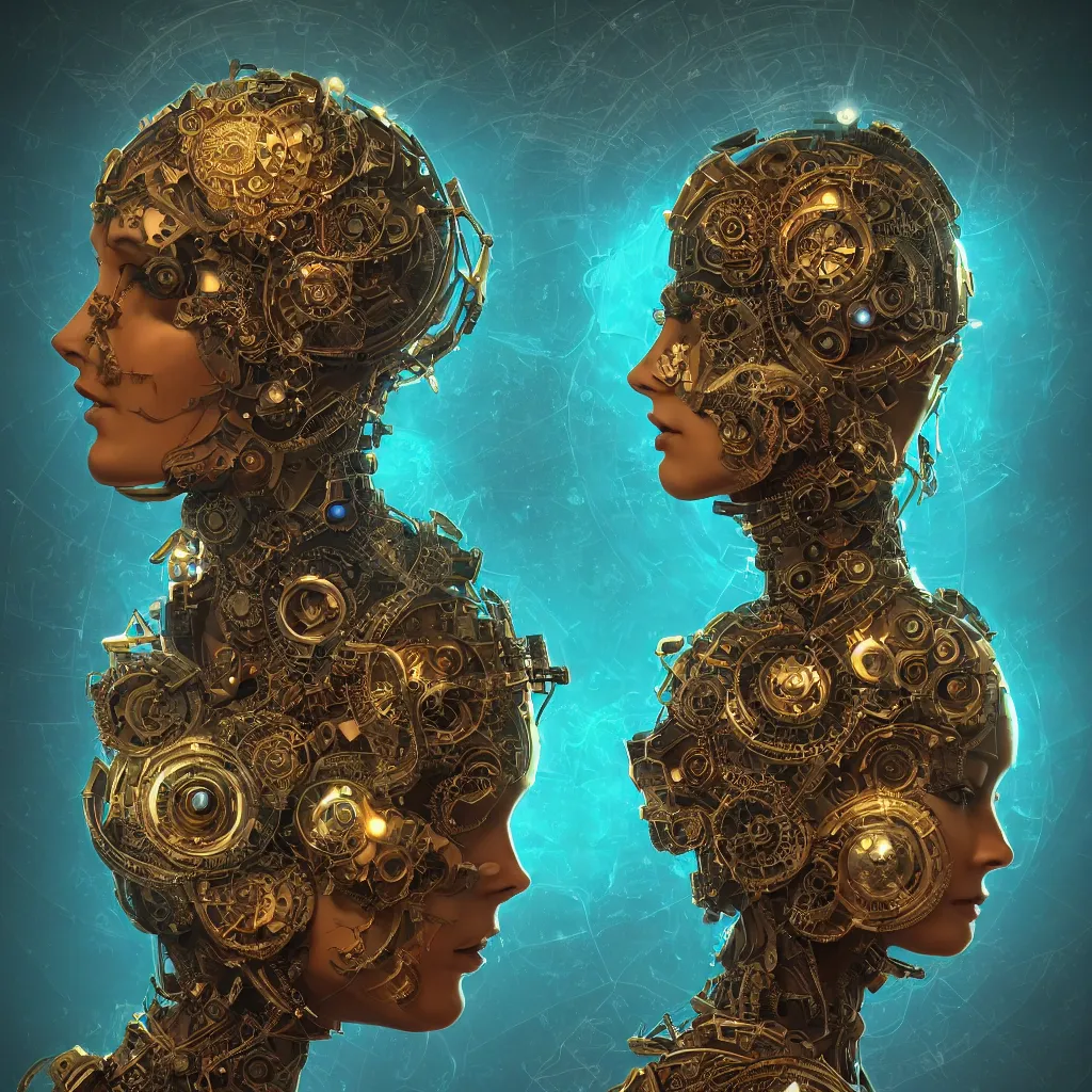 Image similar to beautiful symmetrical face portrait android woman time machine axonometric mechanical fantasy intricate elegant highly detailed in volumetric void of latent space lush flowers intricate jewellery, realm of the gods golden turquoise steampunk, axonometric high contrast cinematic light, mystical shadows, digital painting, sharp focus, octane render, photographic, concept art, artist leonardo davinci, unreal engine 8 k