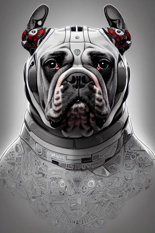 Prompt: a portrait of cyborg bulldog, high - contrast, intricate, elegant, highly detailed, digital painting, artstation, concept art, smooth, illustration