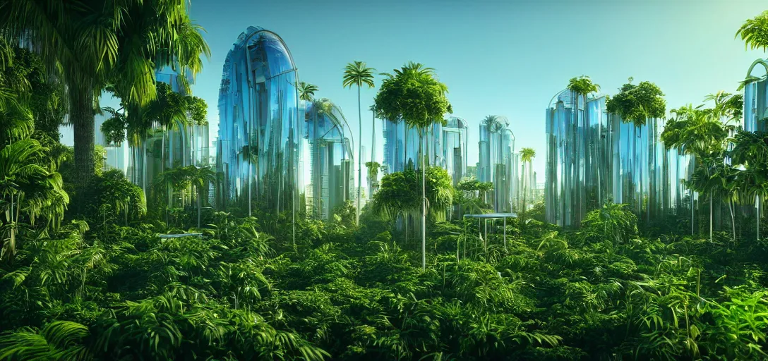 Prompt: futuristic shinny glass mirror buildings in an jungle landscape of a solarpunk with overgrown vegetation city by frank gehry and santiago calatrava, movie poster, golden ratio, evening lighting, film still, realistic, octane render redshift arnold materials unreal engine, 8 k post production, hyper detailed