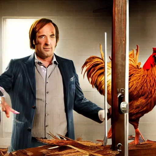 Prompt: saul goodman and a rooster in a saw movie torture chamber, scary torture devices in the background, saul goodman, rooster, photo