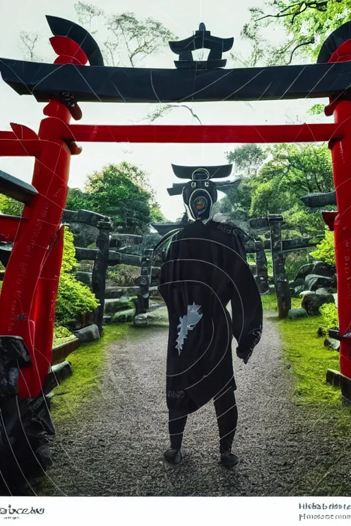 Prompt: a godlike and indomitable masked and helmeted samurai standing before a Torii gate with pride, the rising sun in the background. Photo realistic. Award winning