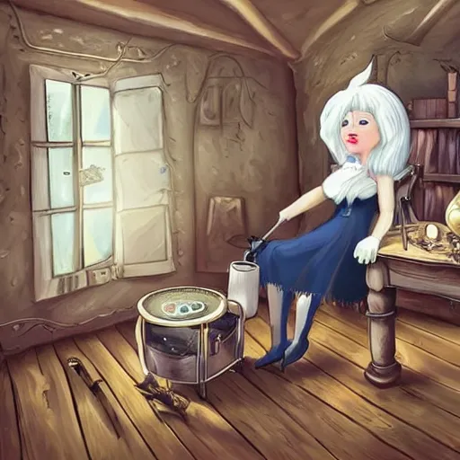 Prompt: a full body beautifull witch with white hair in an old room a cristal ball in a wood table with a potions and old instruments in the floor a white cat licking his paw in a fantasy style paiting