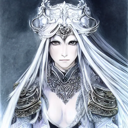 Prompt: a drawing of a woman with long white hair, wearing ornate armor, a character portrait by yoshitaka amano, featured on pixiv, fantasy art, official art, androgynous, anime