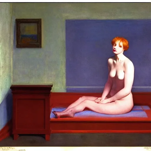 Prompt: a masterpiece of art, film still by edward hopper, by Pontormo, by klimt, art noveau, highly detailed, strong lights, liminal, eerie, Bright pastel colors