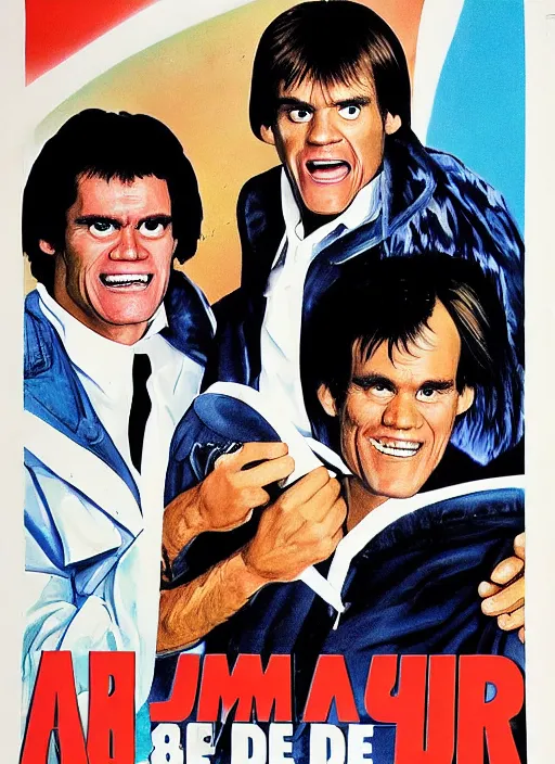 Image similar to an 8 0's john alvin action movie poster of jim carrey starring in dumb and dumber.