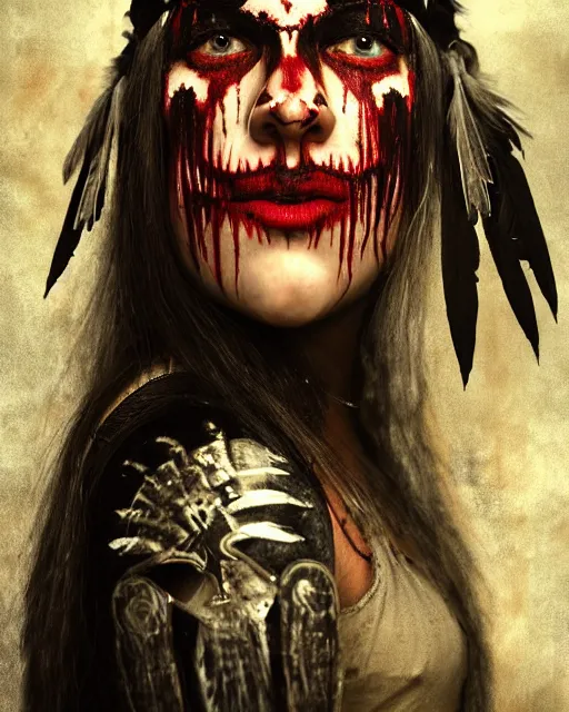 Image similar to lady native sisters ghost - spirit of the grim - warpaint wears the scarlet skull armor and native blood headdress feathers, midnight fog - mist!, dark oil painting colors, realism, cinematic lighting, various refining methods, micro macro autofocus, ultra definition, award winning photo, photograph by ghostwave - gammell - giger - shadowlord