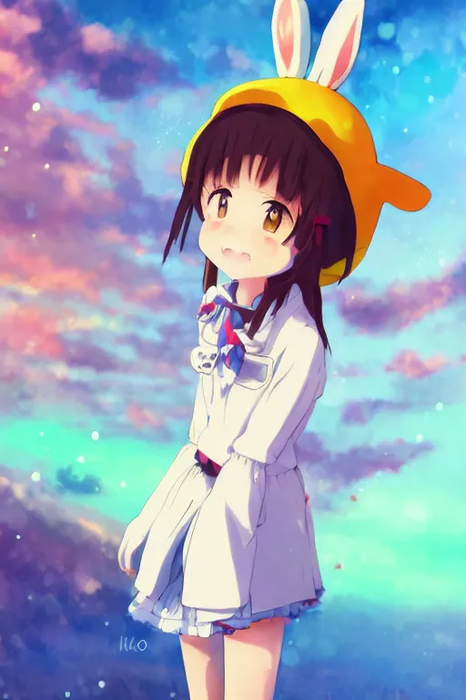 Image similar to Poster of tonemapped Smiling anime girl with bunny hat in the style of Makoto Shinkai, Yun Koga and Artstation