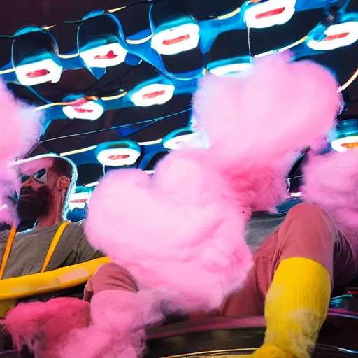 Image similar to death grips riding tilt - a - whirl at a carnival, eating cotton candy, mc ride, zach hill, andy morin,