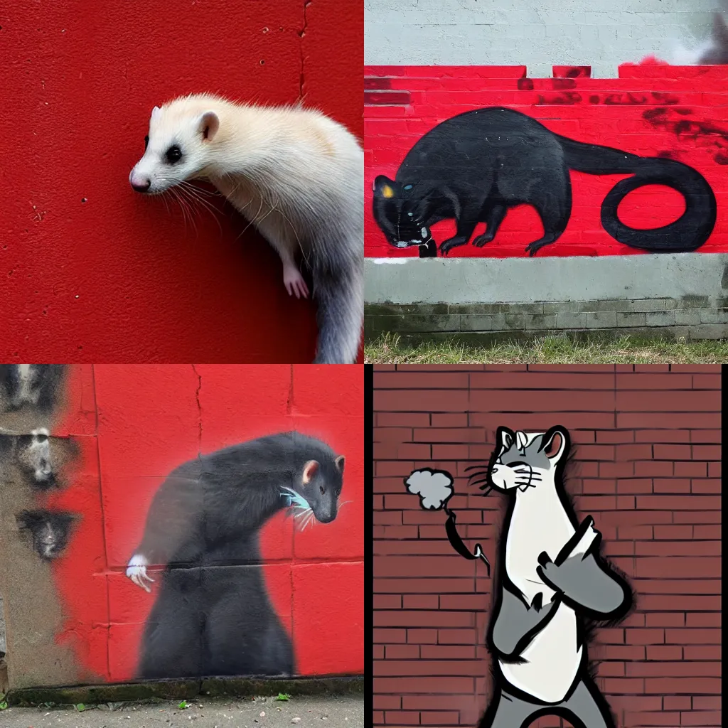 Prompt: [ ( ( red ) ( black ) ( furry ) ( fursona ) ( weasel * ferret * stoat ) ) ] > [ ( smoke * backing ) ] [ ( wall + graffiti ) ]