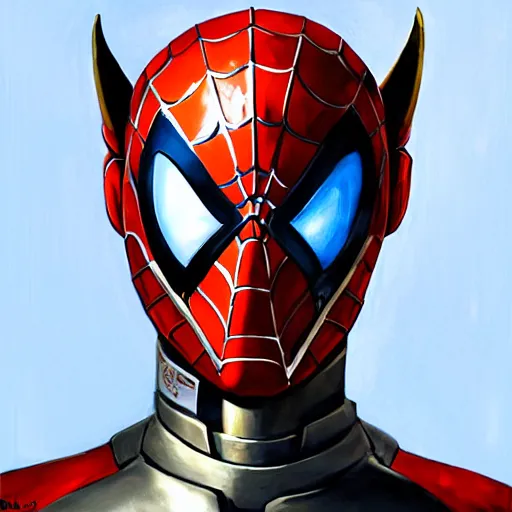 Image similar to greg manchess portrait painting of armored spiderman ultraman grey fox from metal gear cyborg gay japanese - american hybrid as overwatch character, medium shot, asymmetrical, profile picture, organic painting, sunny day, matte painting, bold shapes, hard edges, street art, trending on artstation, by huang guangjian and ail elvgren and sachin teng