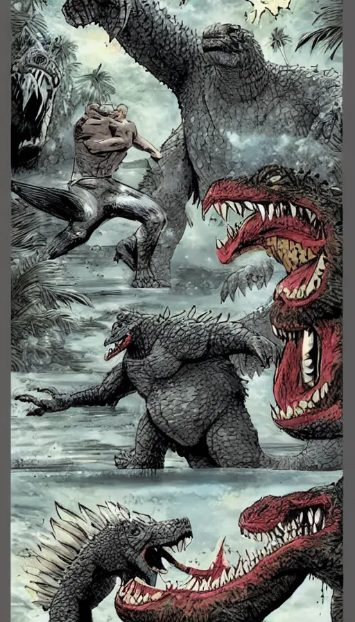 Prompt: kong vs godzilla, comic page