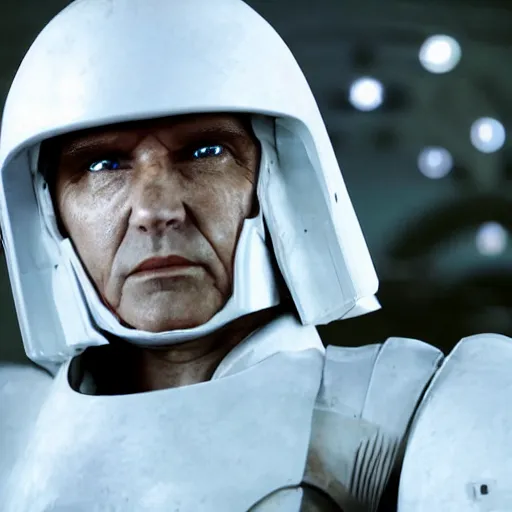 Image similar to close up photograph of a stern faced old man who is a veteran of many futuristic wars with short gray hair and blue eyes. he is wearing a white futuristic suit of heavy combat armor and holding a blaster in one hand and a plaster plazma - proof shield in the other. riding a white armored motorcycle charging into enemy lines while firing plasma bolts. scifi