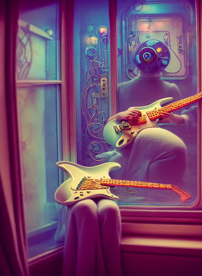 Image similar to telephoto 7 0 mm f / 2. 8 iso 2 0 0 photograph depicting the feeling of chrysalism in a cosy safe cluttered french sci - fi art nouveau cyberpunk apartment in a pastel dreamstate art cinema style. ( electric guitar ) ( ( fish tank ) ), ambient light.