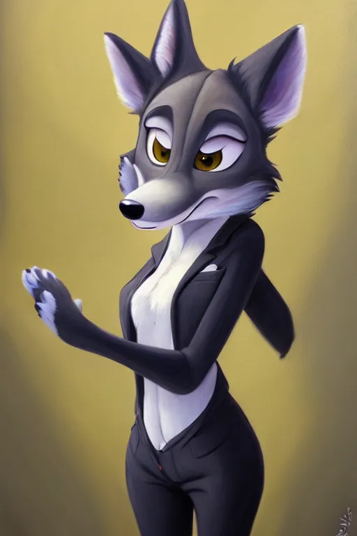 Image similar to oil painting of anthromorphic female wolf, in style of zootopia, female fursona, furry, furaffinity, 4 k, deviantart, furry art, fursona art, wearing black business suit, business suit, wolf fursona, female, very expressive detailed feminine face,