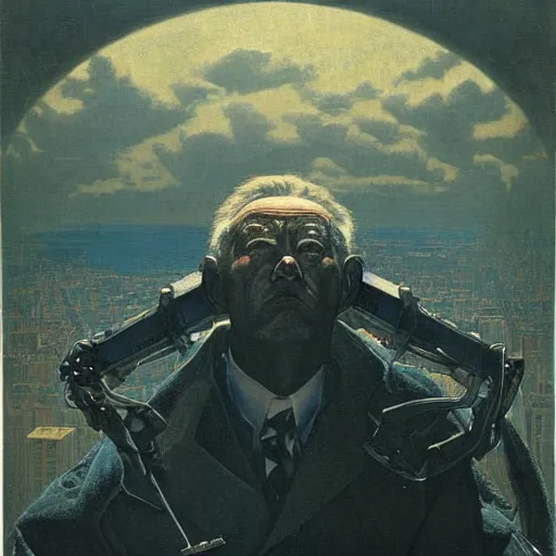 Image similar to portrait of immense, majestic, surreal, terrifying joe!!!! biden!!! crushing the city, perfectly clear face, by j. c. leyendecker, bosch, and beksinski