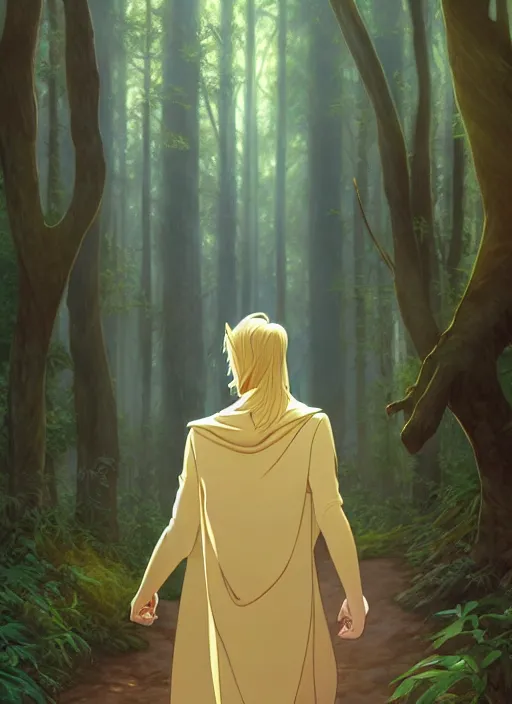 Image similar to slender young man with shoulder length shiny and sparkling golden blond hair, from behind, wearing wizard robes, lost in a forest, natural lighting, path traced, highly detailed, high quality, digital painting, by don bluth and ross tran and studio ghibli and alphonse mucha, artgerm