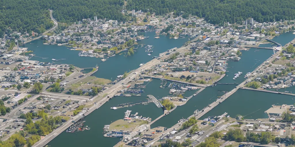 Image similar to bird's eye view of a city, trailer park, a road, bridge, and inlet with docking area.