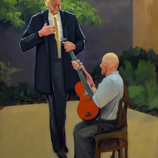 Image similar to a portrait of agent 4 7 from hitman dressed as a gardener playing a guitar in a monestary next to an elderly priest, by gregory manchess, james gurney, james jean