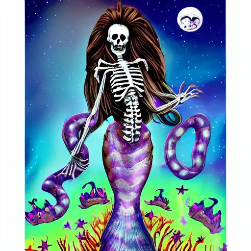 Image similar to stop motion bipedal halloween eel snake skeleton fantasy mermaid with a fish bone body, wearing a frilly mermaid skirt, on a handcrafted cardboard dock to look at the hand painted night sky full of glittery star stickers and glow in the dark star stickers over a shredded paper sea, adorable, side profile, macro camera lens