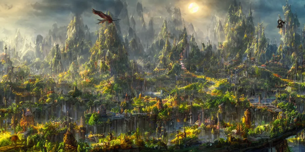 Image similar to City on Bird World, a bright fantasy world inhabited by anthropomorphic birds, a city built into giant trees with distant mountains, fantasy landscape, concept art, matte painting