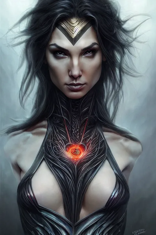 Prompt: very very beautiful longshot photo of chthonic spirit of Gal Gadot with demonic eyes and black veins, intricate, elegant, highly detailed, artstation, concept art, smooth, sharp focus, illustration, art by artgerm, Ayami Kojima, Beksinski, Giger