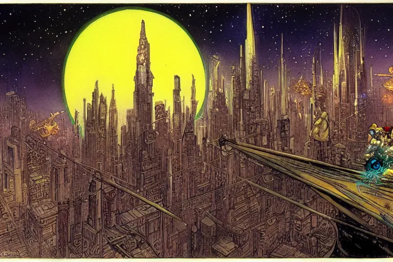 Image similar to fantasy illustration, Night City on Coruscant by m w kaluta