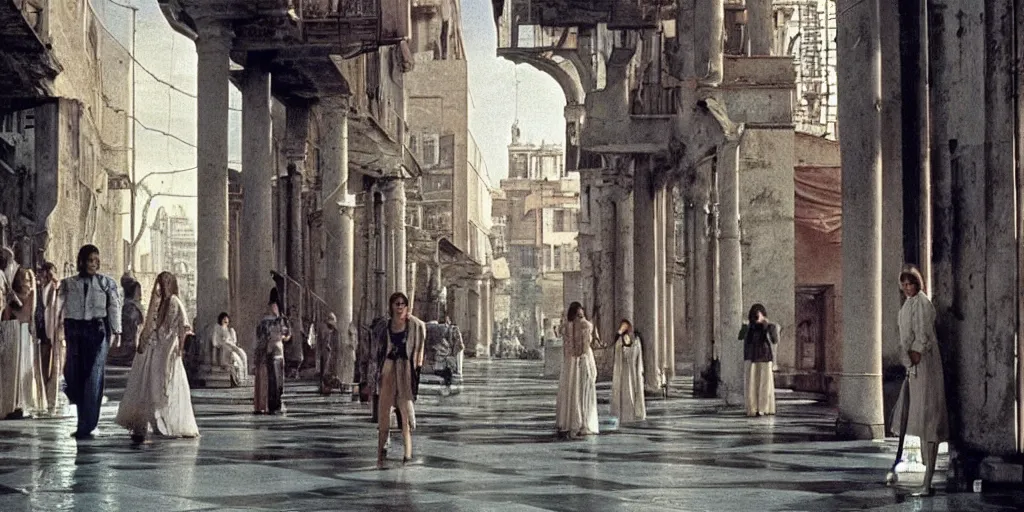 Image similar to a scene from the movie la felicita ( 1 9 7 1 ) by luchino visconti with mastroianni and claudia cardinale walking in a scifi cyberpunk futurist city reminiscent of the ( ( ( ideal city by piero della francesca. technicolor ) ) ), cinematic, 5 0 mm, highly detailed