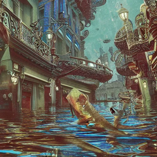 Image similar to fish swimming through a flooded city, deep aesthetic, hyper realism, highly ornate intricate details, 1 9 2 0's colored pencil, 4 k, cinematic lighting,