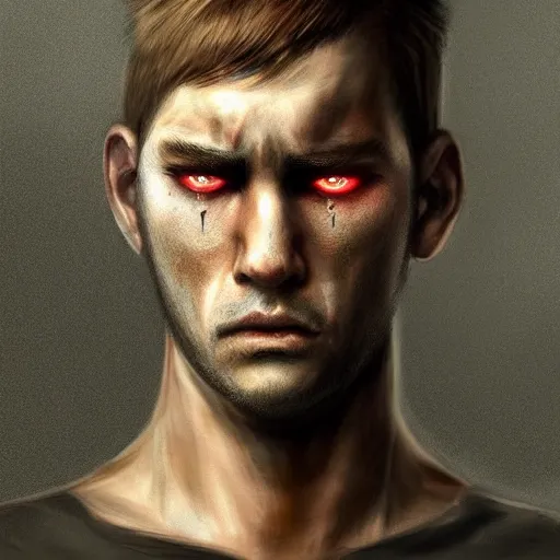 Image similar to A sad, melancholic, expressionless face that is trying to hold in anger, male face, tears, dark aesthetic, can\'t escape, digital, realistic eyes, trending on artstation, art by Ludwig Knaus