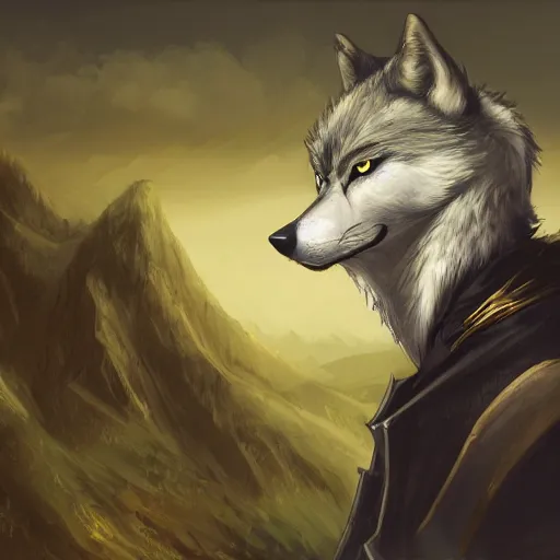 Image similar to an anthropomorphic wolf in a black doublet looking out over the hills, artstation hq, stylized, sharp focus, concept art, furaffinity fursona, furry, anthropomorphic, digital art by ayami kojima