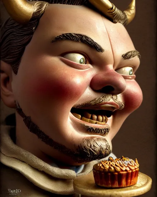 Image similar to highly detailed closeup, face profile portrait of a tin toy leonardo dicaprio as a medieval demon with horns eating cakes in a castle, hyper realistic, artstation, illustration, nicoletta ceccoli, mark ryden, lostfish, dan decarlo, bob clampett, max fleischer, digital paint, matte paint, vivid colors, detailed and intricate environment